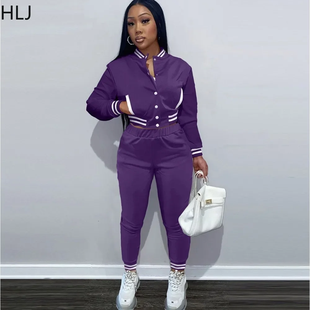 HLJ Autumn Winter Varsity Tracksuit 2 Piece Sets Single Breasted Pockets Color Patchwork Baseball Jacket and Long Pants Outfits la costume elegant blazer sets commuting 2023 autumn tracksuit notched collar blazer coat pockets loose pants suit for women