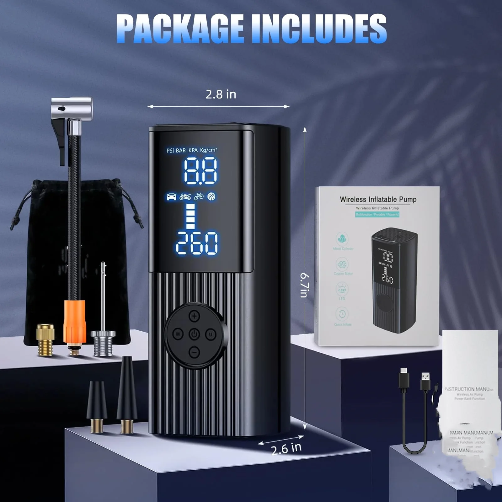 2024 최신 60000mAh 타이어 공기 인젝터, 100L/min 공기 인젝터, 휴대용 전기 팽창기, 자동차 용 공기 압축기, 자동차 타이어 압력