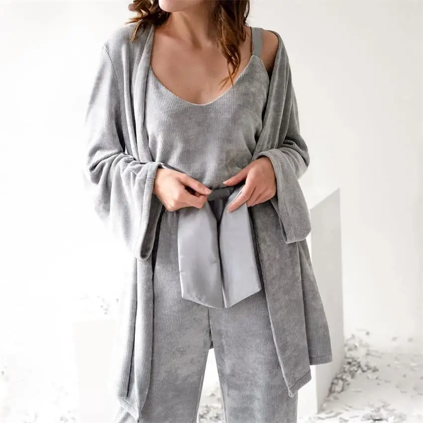 Knitted Women Pajama 3 Pieces Set Solid Autumn Winter Ladies Sleepwear Long Sleeve Long Pant Homesuit Kimono Suit For Female