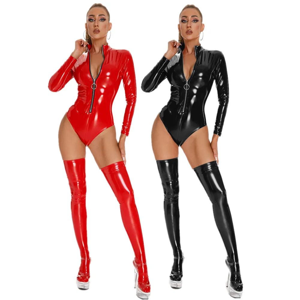 

Hot Faux Leather Catsuit Erotic Women Sexy Lingerie PVC Latex Bodysuit Front Zipper Bodycon Jumpsuits with Stocking Stretch