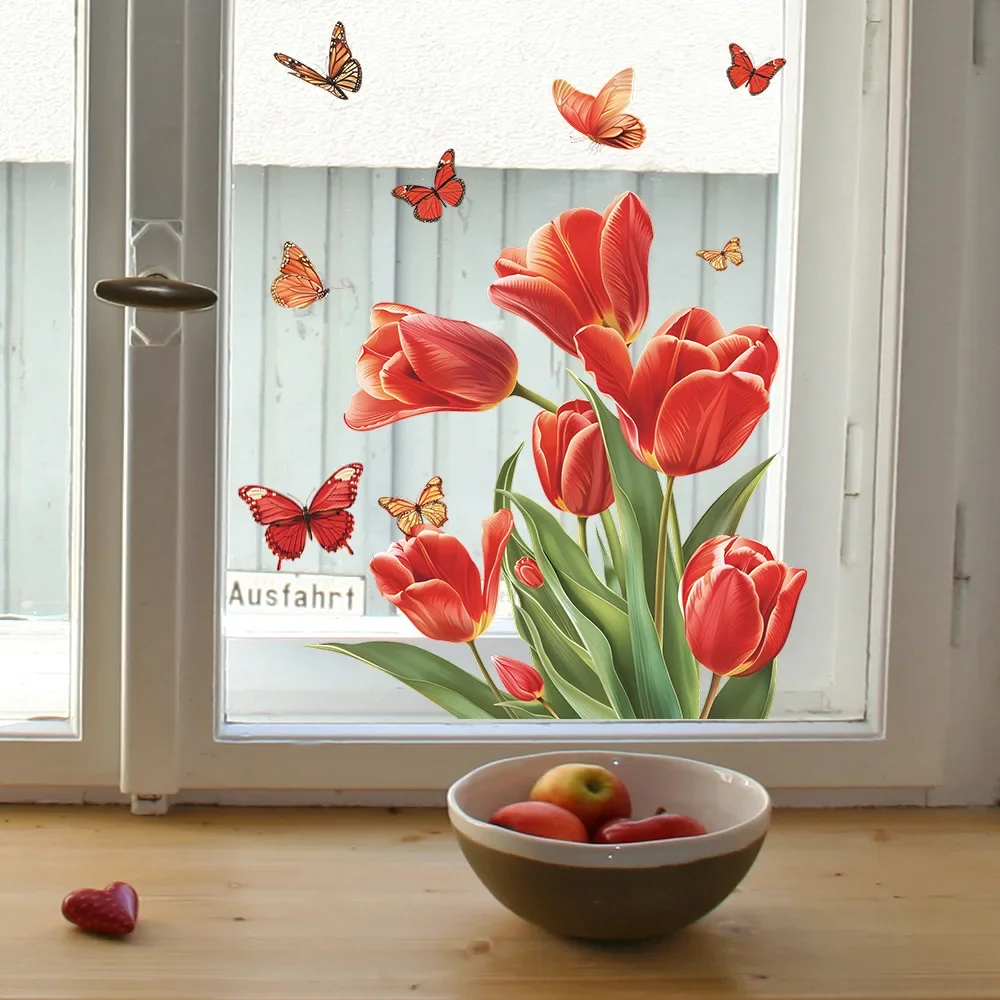 1PCS Small Fresh Painted Tulip Butterfly Glass Window Home Landscaping Decoration Electrostatic Uv Window Stickers