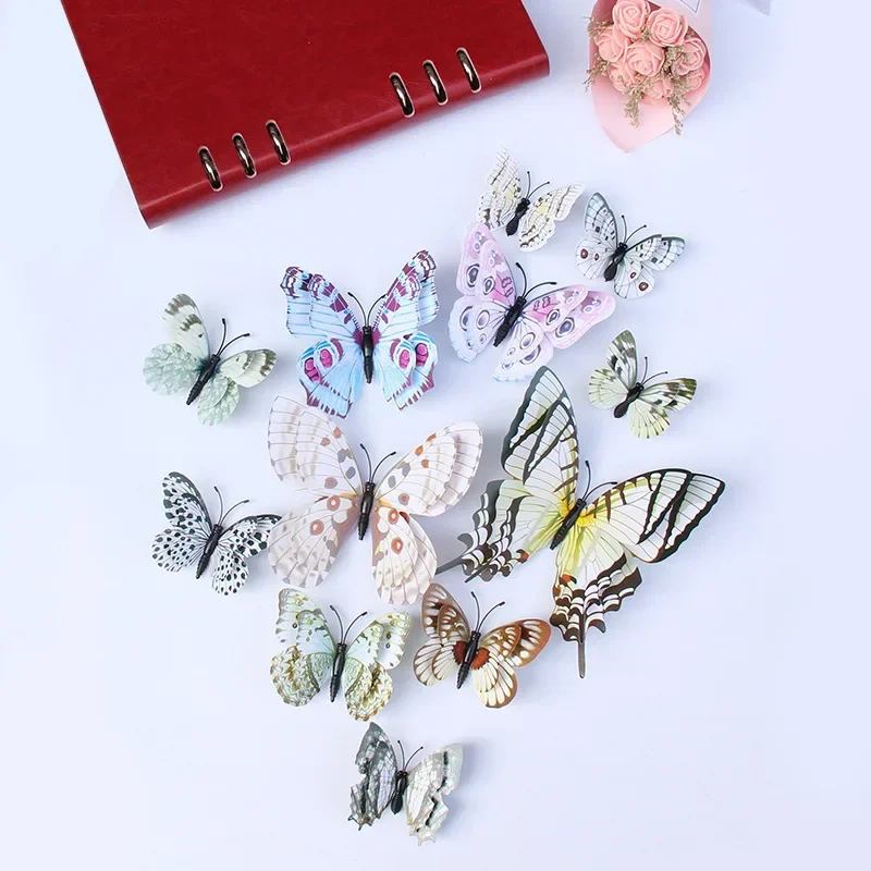 New Style 12Pcs Double Layer 3D Butterfly Wall Stickers Home Room Decor Butterflies For Wedding Decoration Magnet Fridge Decals