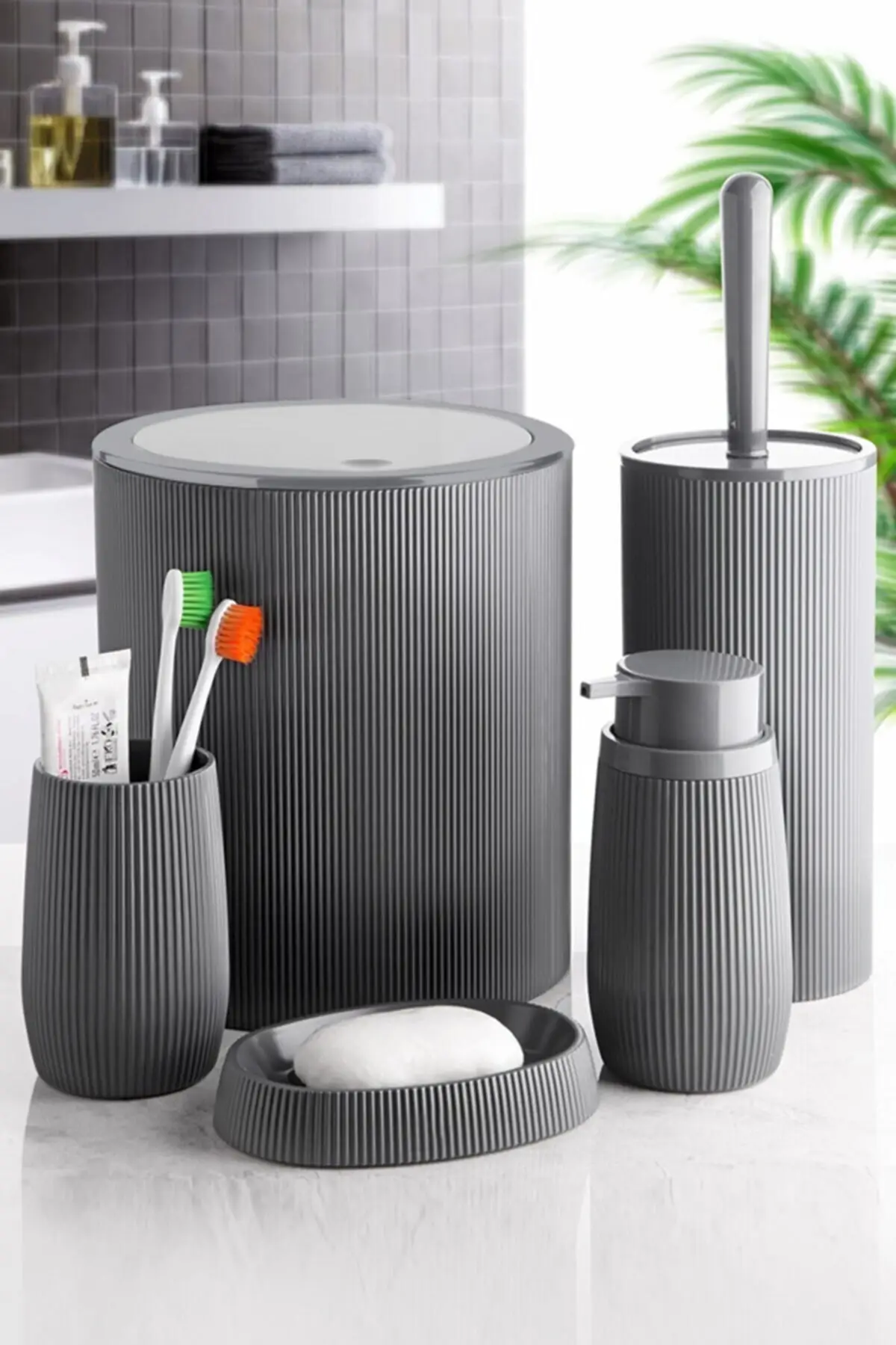 5 Pieces Lux Grey Bathroom Accessories Set Toothbrush Toilet Brush Soap