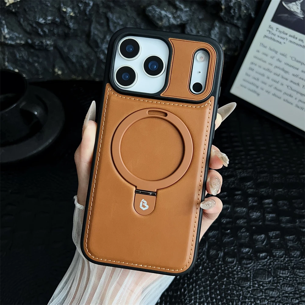 Luxury Magnetic Stand Ring PU Leather Phone Case with Magsafe and Hollow Logo Design