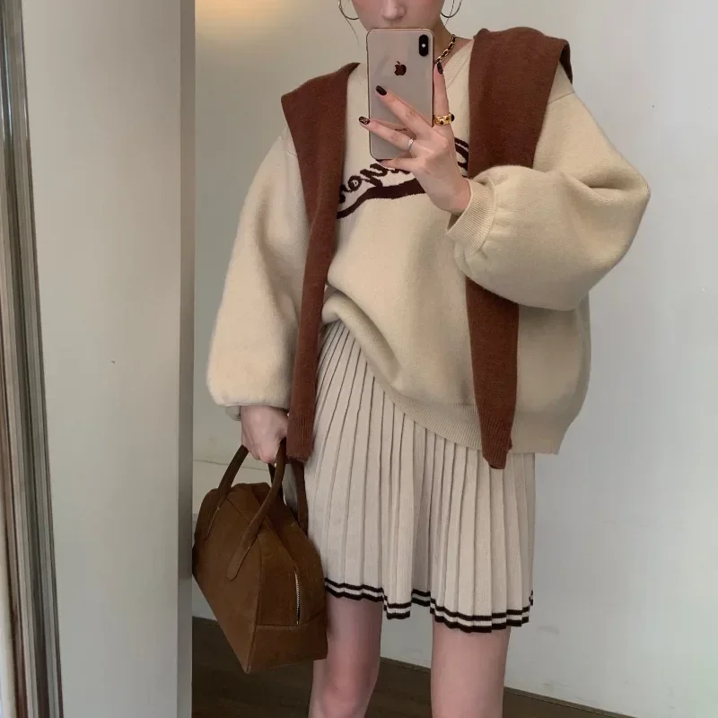 

Vintage Korean Retro High Street Letter Sweater Knit Pullover + Patchwork Skirt + Shawl Suit 3 Pieces Sets Y2k Suit