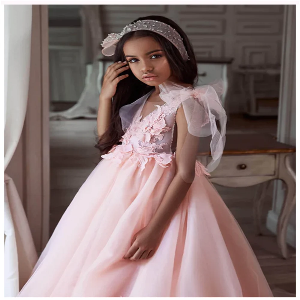 

Pink Flower Girl Dress Luxury Fluffy Tulle Decal Sequin Beaded Wedding Elegant Small Flower Child Beauty Pageant Communion Dress