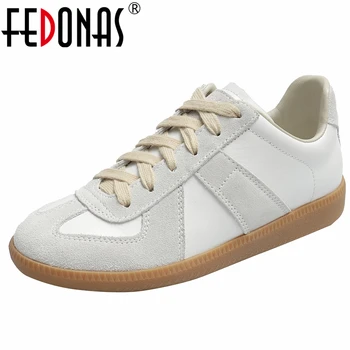 FEDONAS 여성용 정품 가죽 스니커즈, 라운드 토 하이힐, 여성 패션, 레이스업 슈즈, 봄 가을 스니커즈
