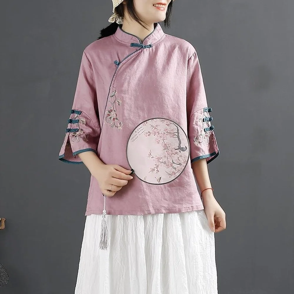 Spring Traditional Chinese Style Oriental Shirt Clothing for Female Women Half Sleeve Hanfu Loose Casual Blouse Large Size Tops