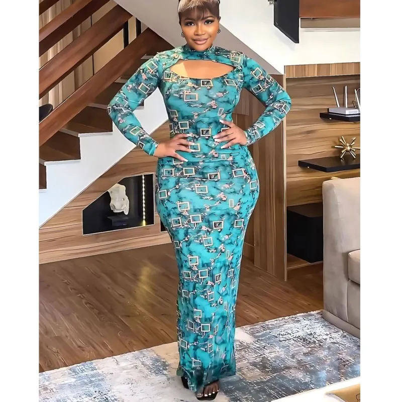 

African Dresses For Women Elegant Tight Sexy Maxi Dress Long Sleeve Green Printed Hollow Slit Bag Hip Party Evening Dress Summer