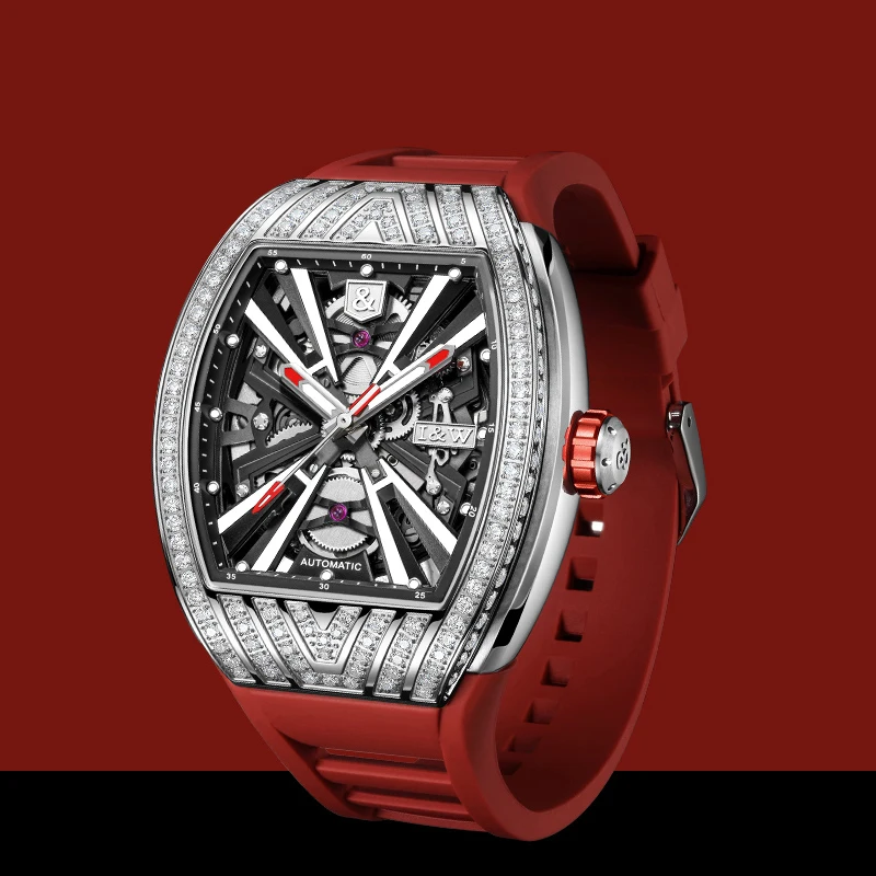 

I&W Men Automatic Watch Luxury 43*51mm Tonneau Mechanical Wristwatch 50m Waterproof Luminous Hollow Out Dial Zircon Bezel