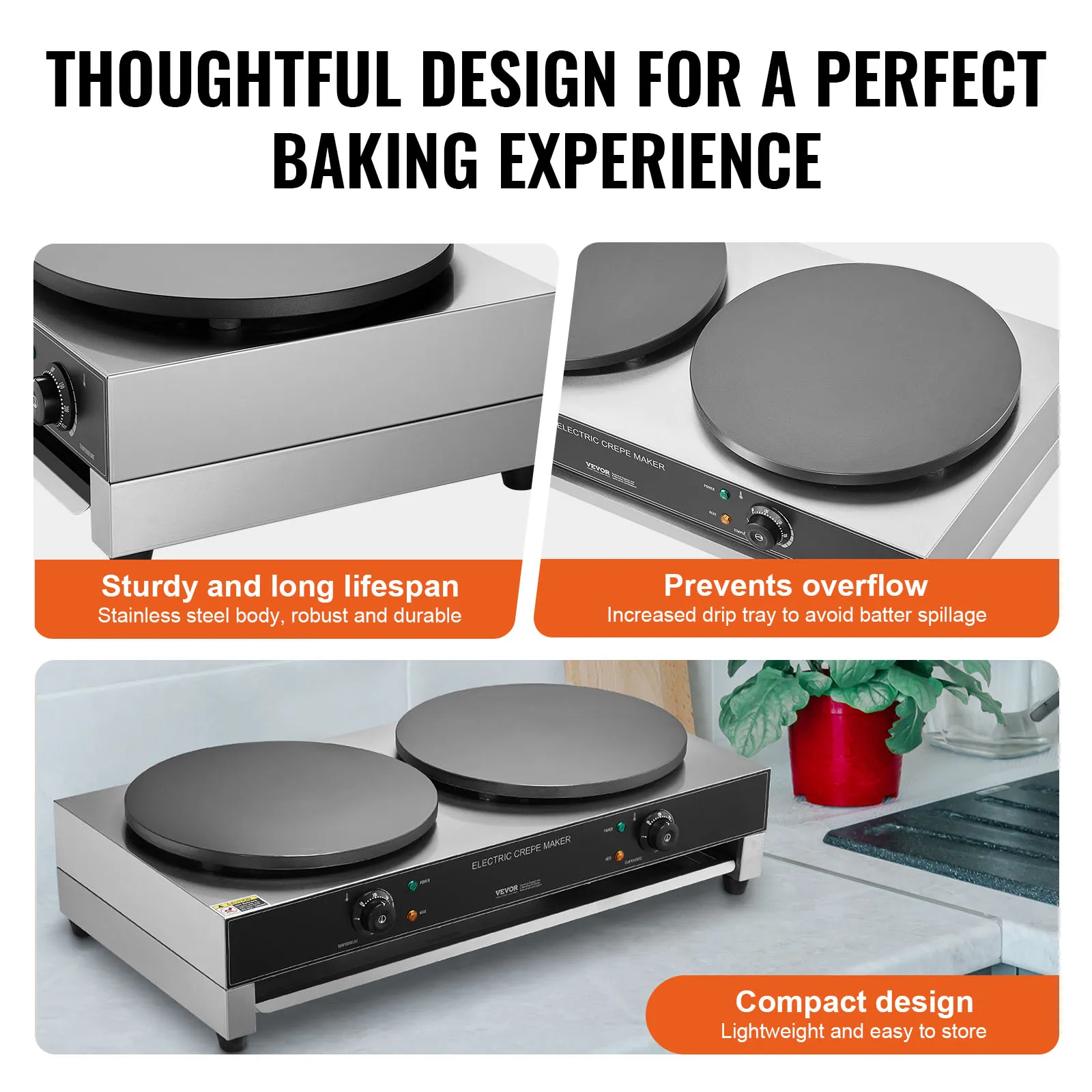 SucceBuy 16inch Electric Crepe Maker Double Head Commercial Crepe Machine 3400W Flat Plate Crepe Griddle Nonstick Pancake Stove 5
