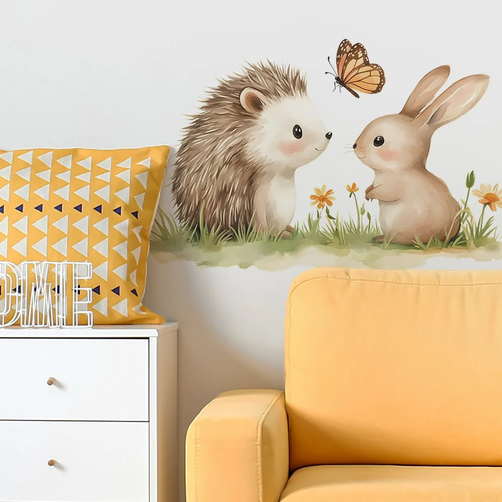 Cartoon Hedgehog Rabbit Wall Sticker Kids Room Background Decor Mural Baby Bedroom Beautify Home Decoration Self-adhesive Decals luminous vinyl decal stickers