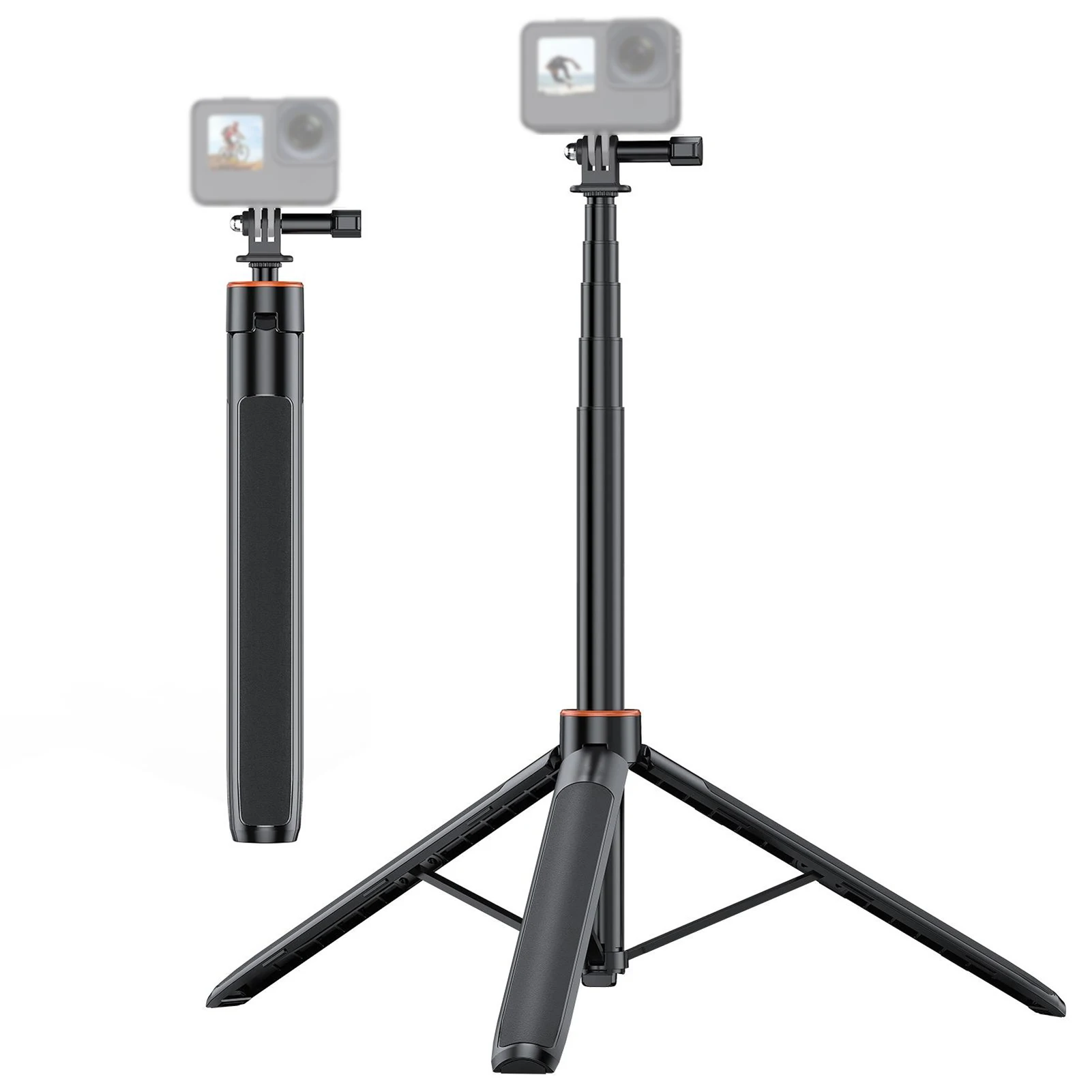 Treppiede Selfie Stick per Action Camera, Estensibile 54 Pollici, 2-in-1 in Lega di Alluminio, Supporto Treppiede Estensibile per Riprese - immagine 2