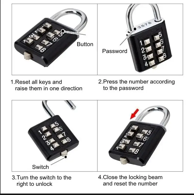 Preset Code Aftermarket Eight-digit Button Zinc Alloy Password Lock School Airport Backpack Travel Lock Waterproof password lock,combination padlock,combination locks