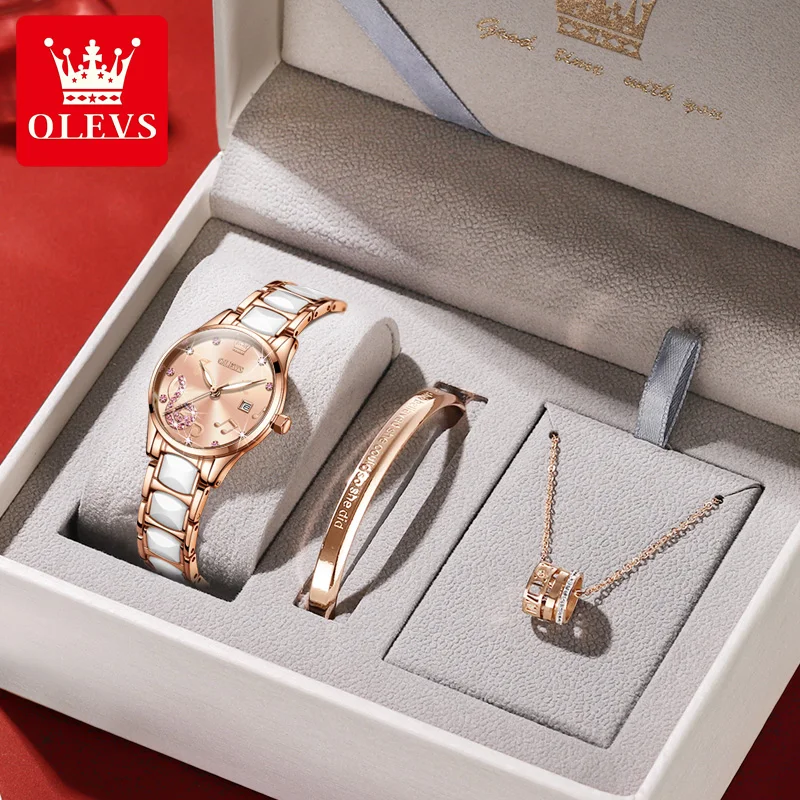 

OLEVS Luxury Women Watch Set Ceramic Strap Date Luminous Hands Waterproof Ladies Quartz Watches, With Bracelet Necklace Gift Box