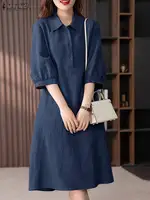 ZANZEA Women Cotton Shirt Dress 2024 Summer Lapel Neck Dresses Korean Office 3/4 Sleeve Midi Vestidos Elegant Solid Buttons Robe