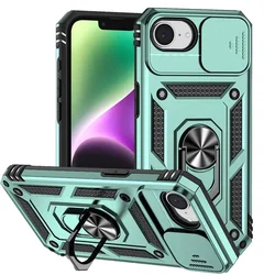 Enhanced Armor Case with Slide Lens Camera Protector and Ring Holder, Shockproof Cover - iPhone 15 Plus (Green)