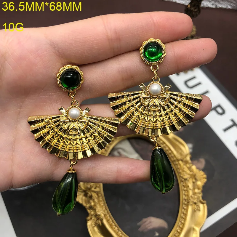 European and American retro water drop glass pendant fan shaped earrings