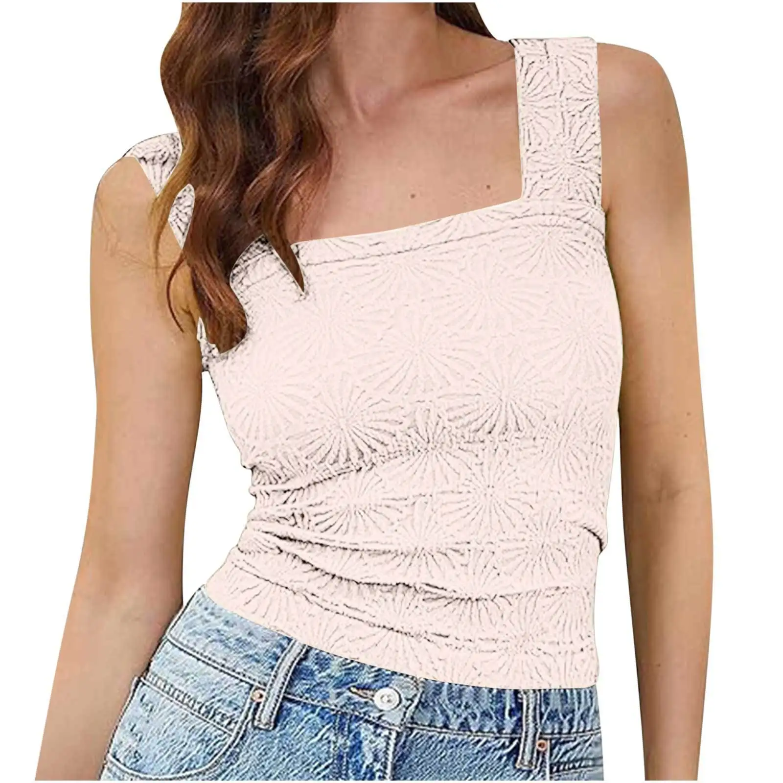 Women's Square Neck Sleeveless Crop Tank Top – Floral Jacquard, Lettuce Trim, Slim Fit, Wide Strap Cami - View #6