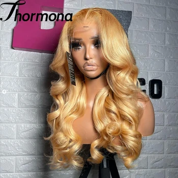 13X6 Honey Blonde Body Wave Lace Front Wig Pre Plucked Natural Hairline Synthetic Light Blonde Lace Front Wigs Glueless 1