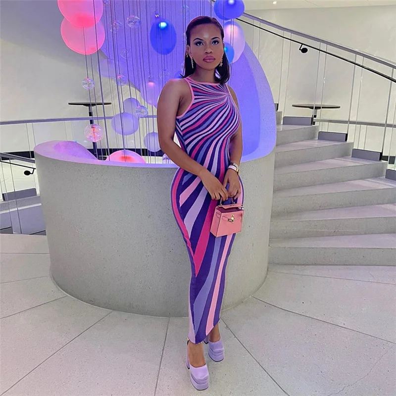 

Zoctoo Stripe Print Sleeveless Backles Dresses Summer Women's New Fashion Spicy Girl Slim Fit 2023 Long Dress