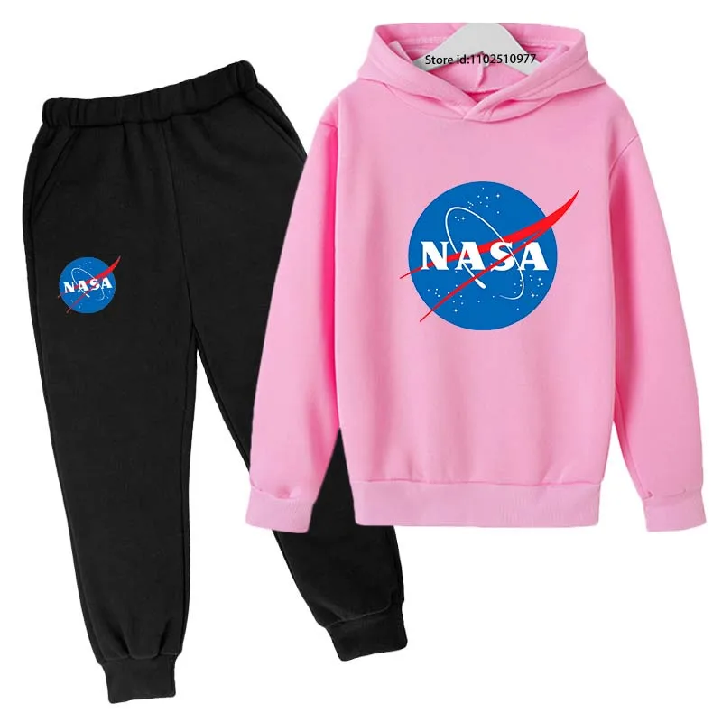 thumbnail image 1 of Conjunto de 2 piezas de sudadera con capucha y pantalones de jogging para niños de la NASA, moda informal para primavera y otoño, chándales de 3 a 12 años, conjuntos de tendencia para niños y niñas, r, 1 of 5