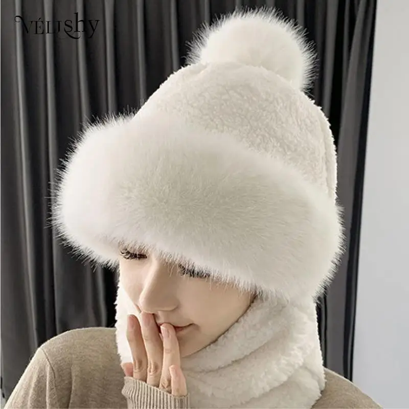 

Winter Scarf Set Hooded for Women Plush Neck Warm Russia Outdoor Ski Windproof Hat Thick Plush Fluffy Beanies Cycling Cap