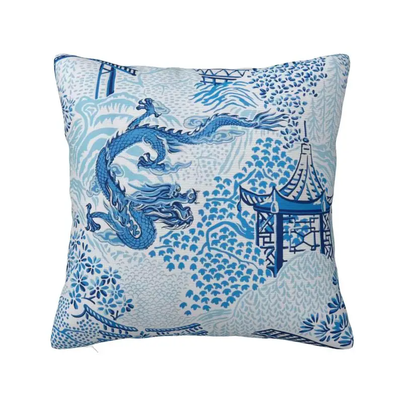 

Antique Chinese Dragon Chinoiserie Toile Luxury Throw Pillow Covers Decoration Blue Delft Willow Pagoda Car Cushion