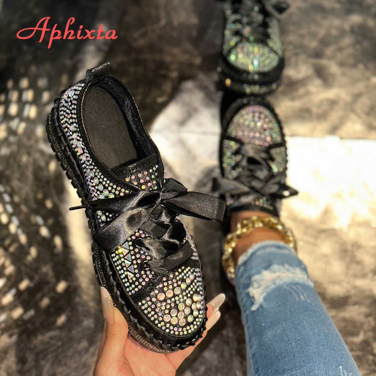 Aphixta Flat With Women Loafers Bling Crystal Flats Lace Up Design Casual Shoes Silver 3cm Heels Luxury Size 44 Ladies Shoes