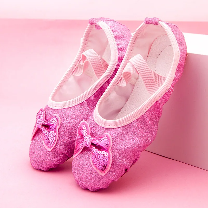 Shiny Pink Blue Bowknot Ballet Shoes for Girls Kids Shoes for Girl Geritide Dance Flat Dancing Shoe with Sequins Girls dance shoes