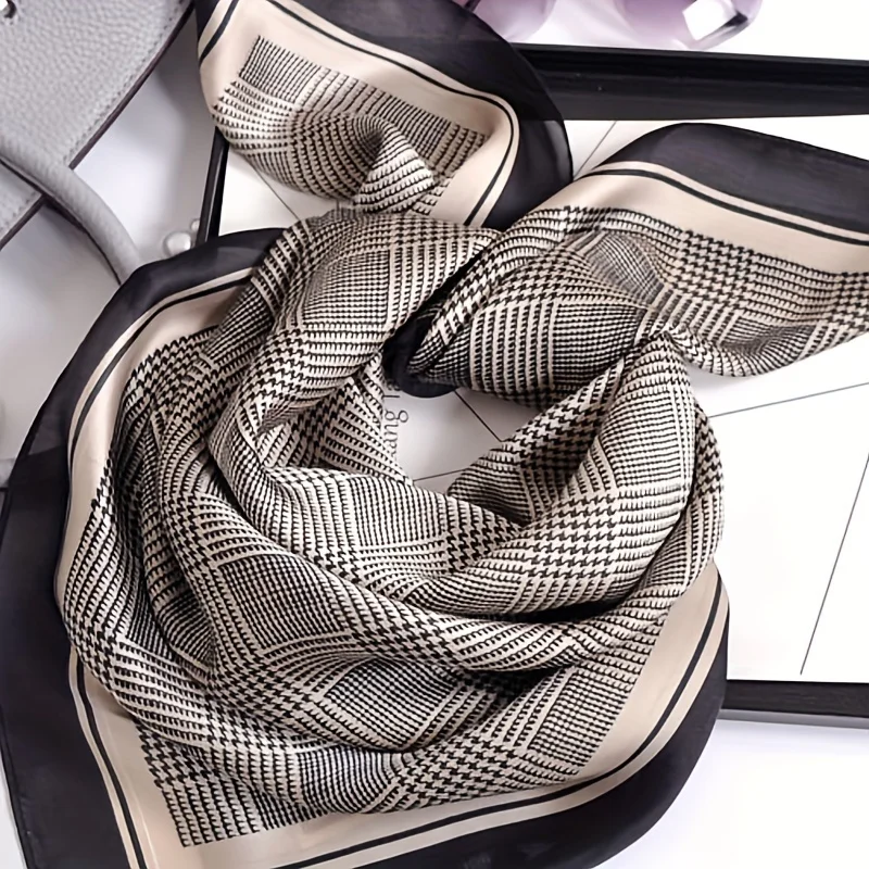 27.58" Black Gray Houndstooth Square Scarf Boho Thin Silk Feeling Neck Scarf Professional Decorative Small Scarf For Women 5