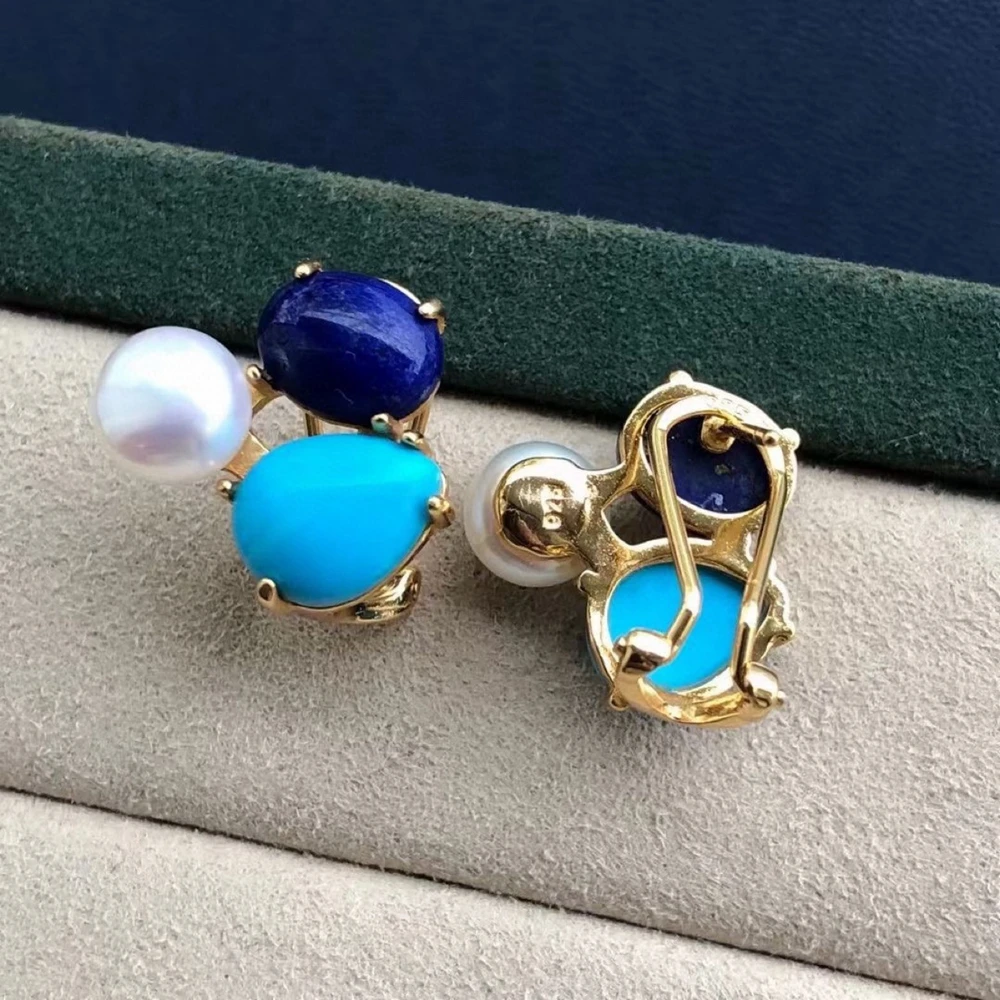 Wong Rain Vintage 18K Gold Plated 925 Sterling Silver Natural Turquoise Pearl Gemstone Ear Stud Earrings Customized Fine Jewelry
