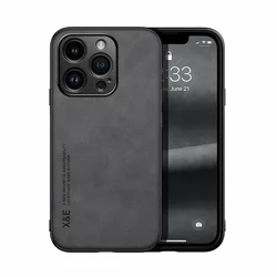 Luxury Leather Phone Case with Metal Plate Support - iPhone 15 (Black)