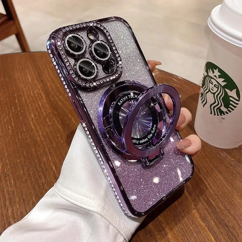 Luxury Magsafe Jewelled Case For iPhone 11 12 13 14 15 16 Pro Max Plus Glitter Magnetic Ring Bracket Bumper Cover