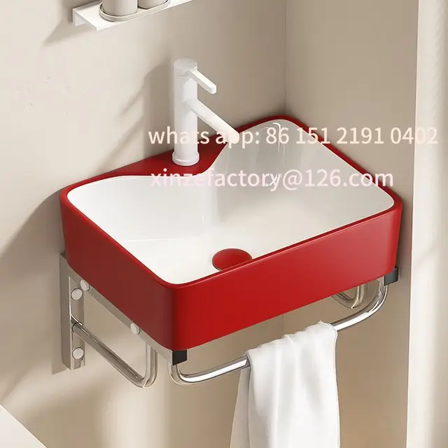 อ่างล้างหน้าเซรามิกแบบแขวนผนังสำหรับฤดูหนาว ปรับแต่งได้ พร้อมขาตั้งสแตนเลส ถาดรองน้ำ ประหยัดพื้นที่ สีเขียวผลไม้ 5