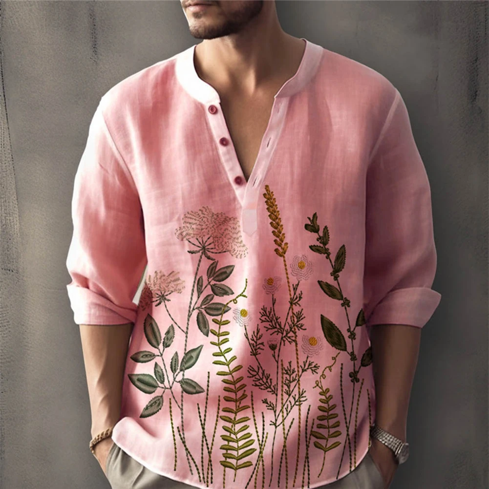 

Blouse Men Shirt Solid Summer Tops Beach V Neck Button Down Casual Cotton Henley Lightweight Linen Long Sleeve