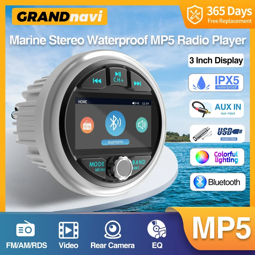 GRANDnavi Marine Stereo Waterproof IPX5 Boat MP5 Radio Player Bluetooth FM AM RDS Audio For Yacht Gauge ATV UTV Cart Motorcycle boat radio player