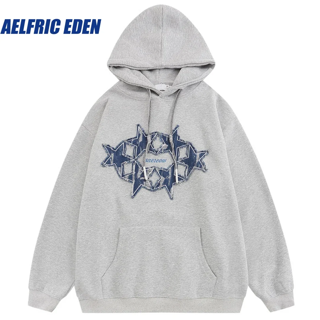 

Aelfric Eden Retro Denim Patch Star Hoodie Y2K Hip Hop Harajuku Embroidery Hooded Sweatshirt Streetwear Loose Pullover Hoodies