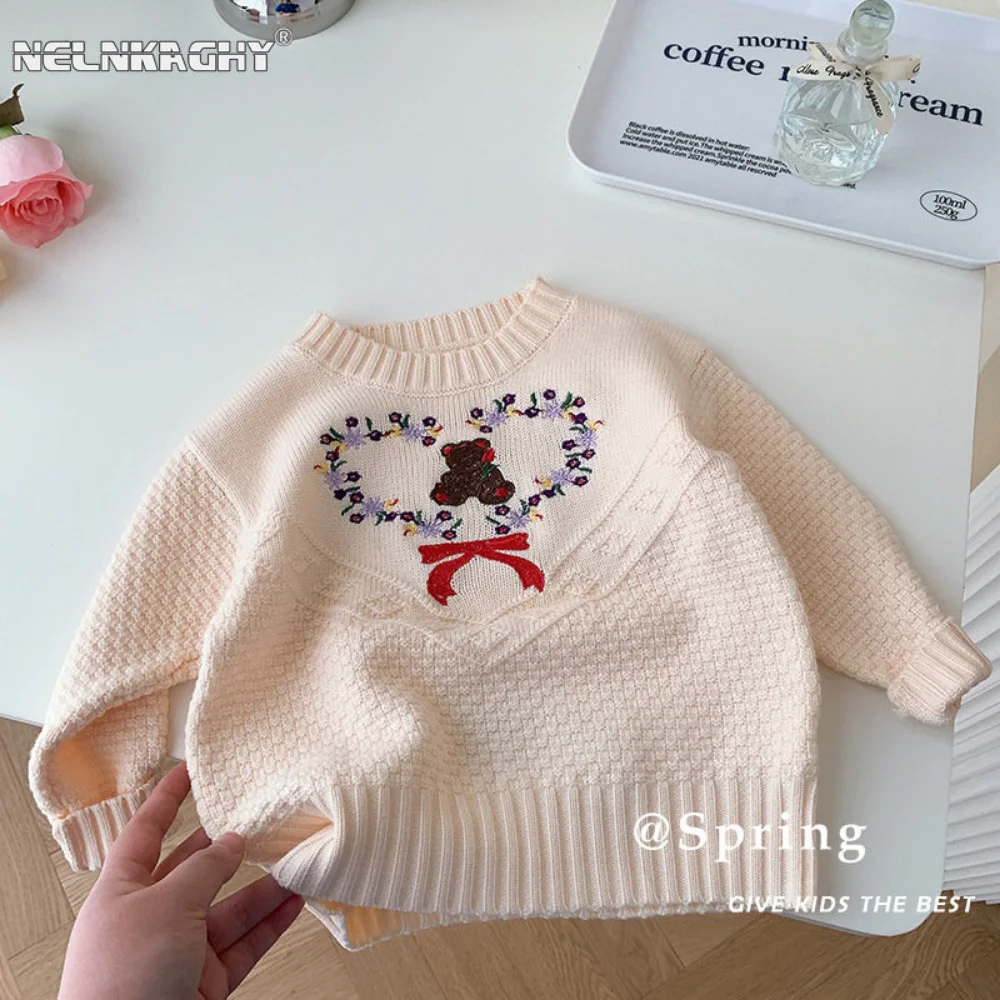 

Autumn Spring Kids Baby Girls Full Sleeve Embroidery Love Bear Knitted Top Children Cute Sweater Toddler Warm Clothing 3M-6Y
