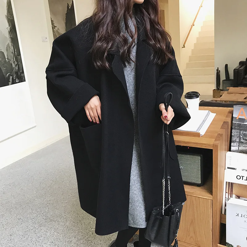 

Women Winter Coats Long Sleeve Long Loose Solid Color Cardigan Plus Size Women's Korean Woolen Coat Loose Woolen Autumn Jacket