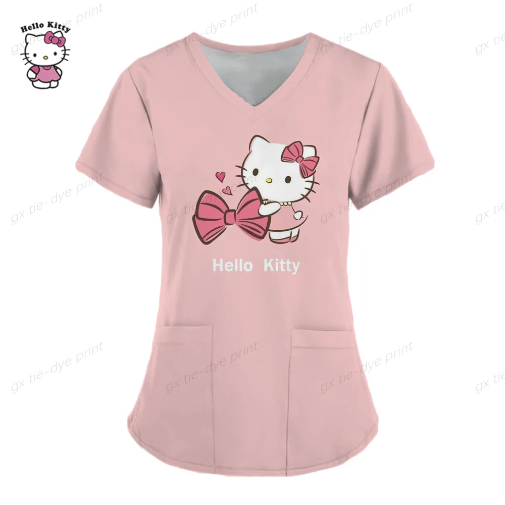 thumbnail image 1 of Ropa de mujer, camisetas de verano, camisetas de Hello Kitty, camisetas con cuello en V, camisetas con bolsillos, uniformes de enfermera, camisetas de hospital, camisetas para mujer 2023, 1 of 5