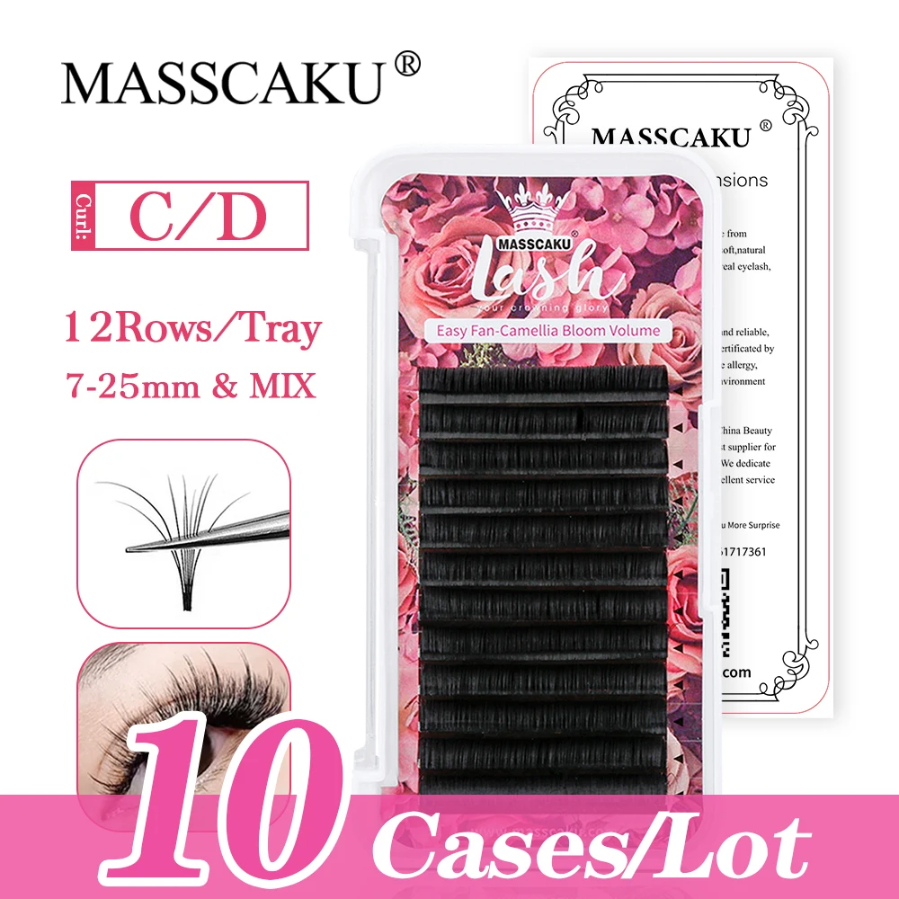 

10 pcs/lot MASSCAKU Easy Fanning Blooming Individual Lashes Russian Volume Auto Fan Eyelashes Natural Cilia Silk Lashes