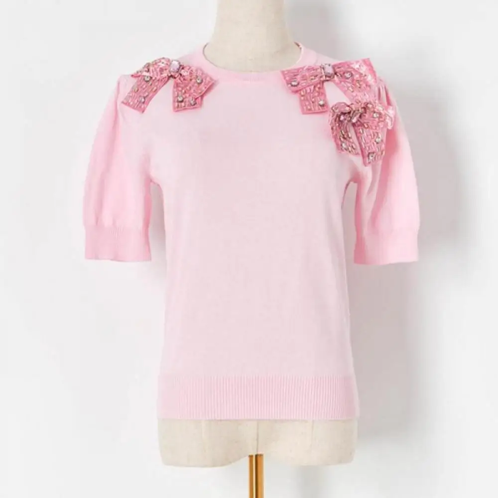 

Korean Fashion Pink Bubble Sleeve Beading Diamond Bow Short Sleeve Thin Knitted Sweater T-Shirt Women Tops 2024