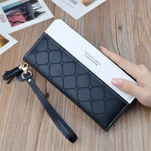 

Women Wallets Long Pu Leather Color Contrast Zipper Coin Purses Female Plaid Tassel Splicing Credit Card Holder Clutch Phone Bag
