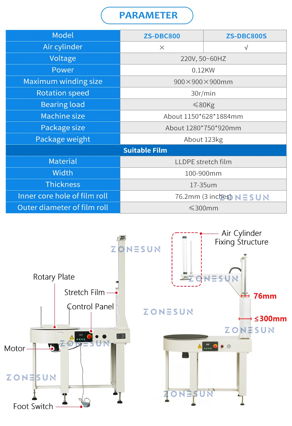 ZONESUN ZS-DBC800 Automatic Stretch Film Dispenser Turntable Carton Box Pallet Wrapping Machine Bundler Film Pulling Machine