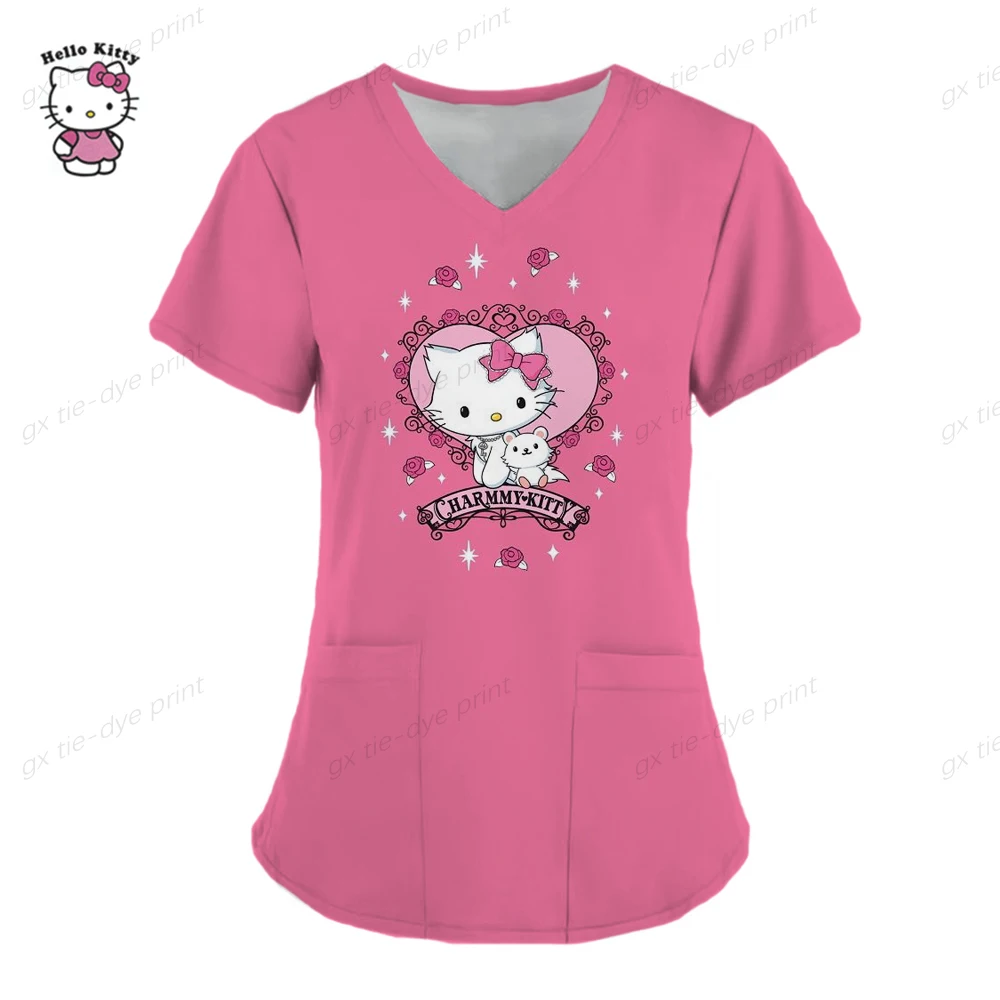thumbnail image 1 of Camiseta de uniforme para mujer 2023, camisetas de Hello Kitty, uniforme de enfermera, bolsillo, Hello Kitty, cuello en V, ropa para mujer, tops, top de hospital, 1 of 5