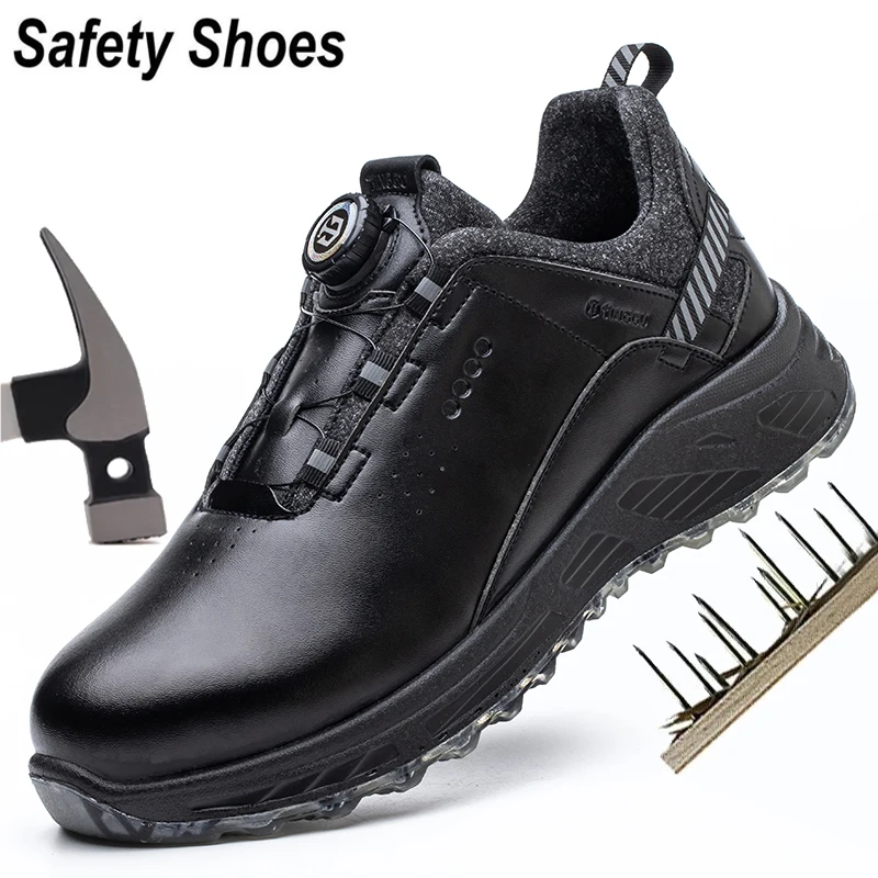 AMAWEI Rotary Buckle Work Protective Shoes Leather Safety Shoes Puncture-Proof Anti-smash Steel Toe Shoes Work Boots Men Women