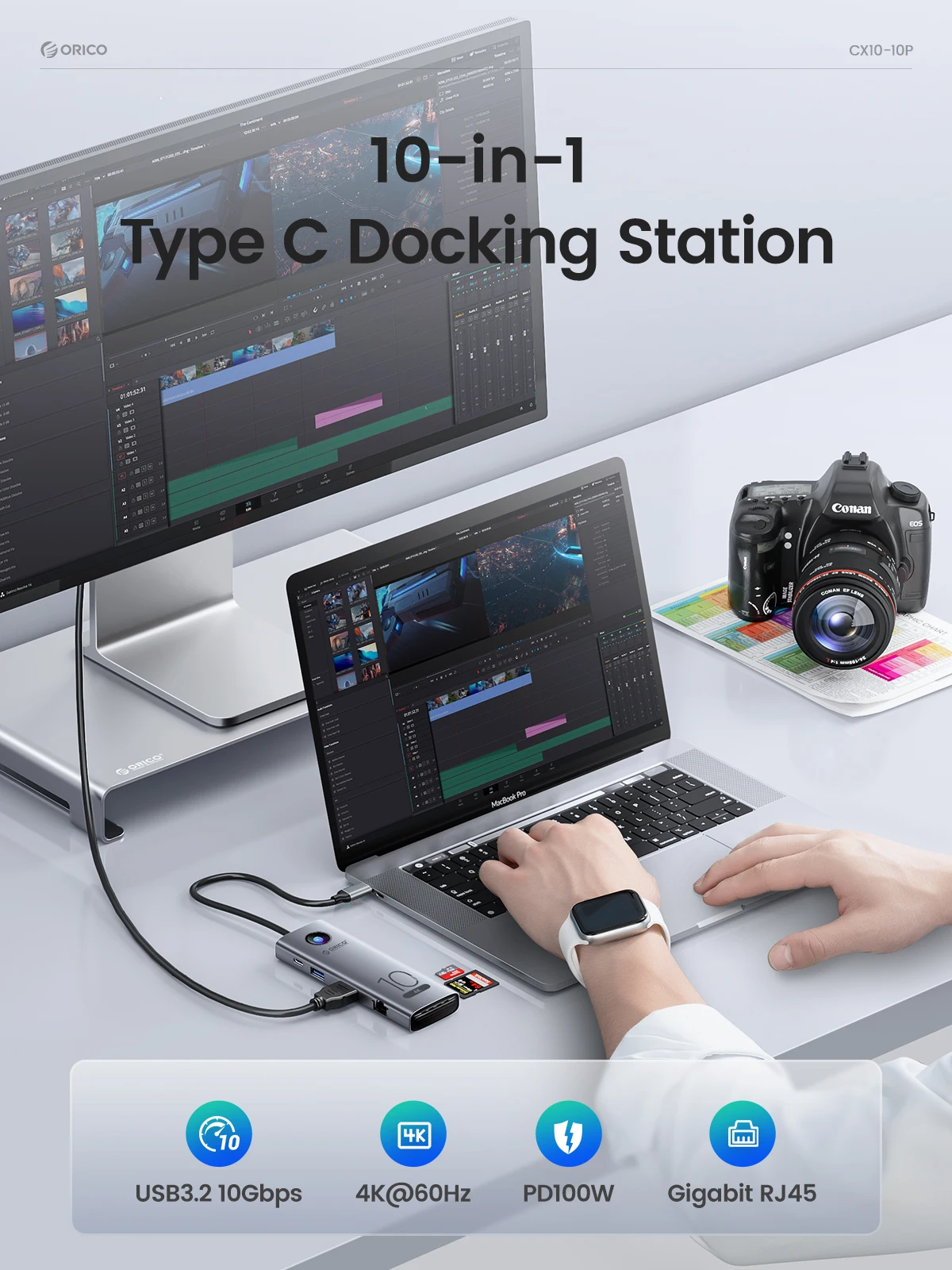 Orico-tipo c Docking Station 10gbps 4k60hz Compatível com Hdmi Usb 3.0 2.0 Hub Rj45 Pd100w Leitor de Cartão Adaptador Acessórios para Notebook - Imagem 5