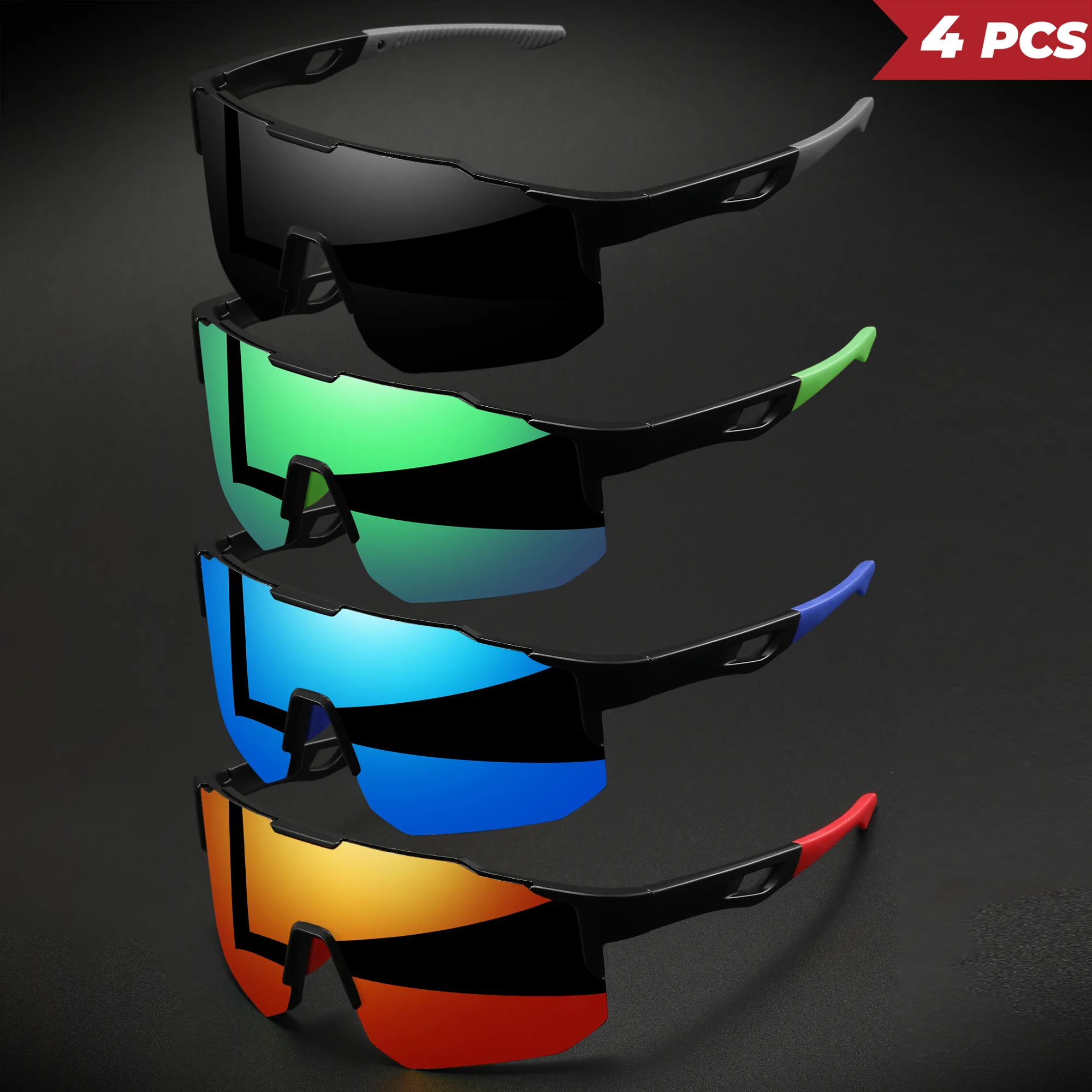 4 Stück übergroße bunte Sport-Sonnenbrillen – umlaufendes Design, UV400, Unisex, bequeme Passform für Radfahren, Wandern und Outdoor – Detail 9