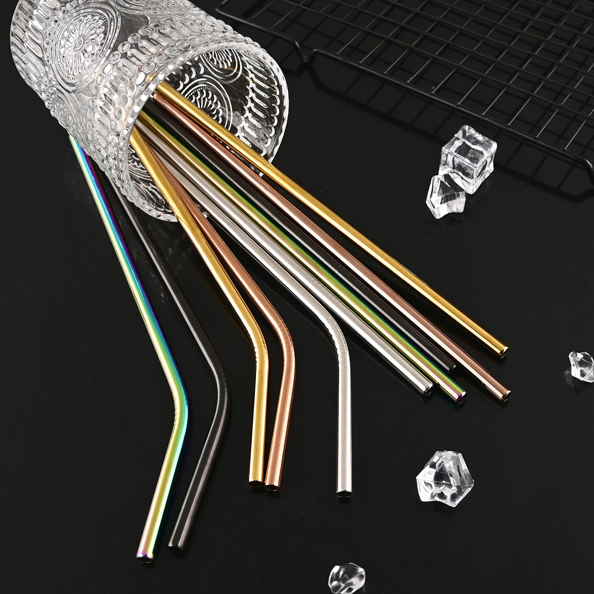 Elegant Rose Gold Reusable Stainless Steel Straw Set with Cleaning Brush - 14 Piece Home and Bar Collection